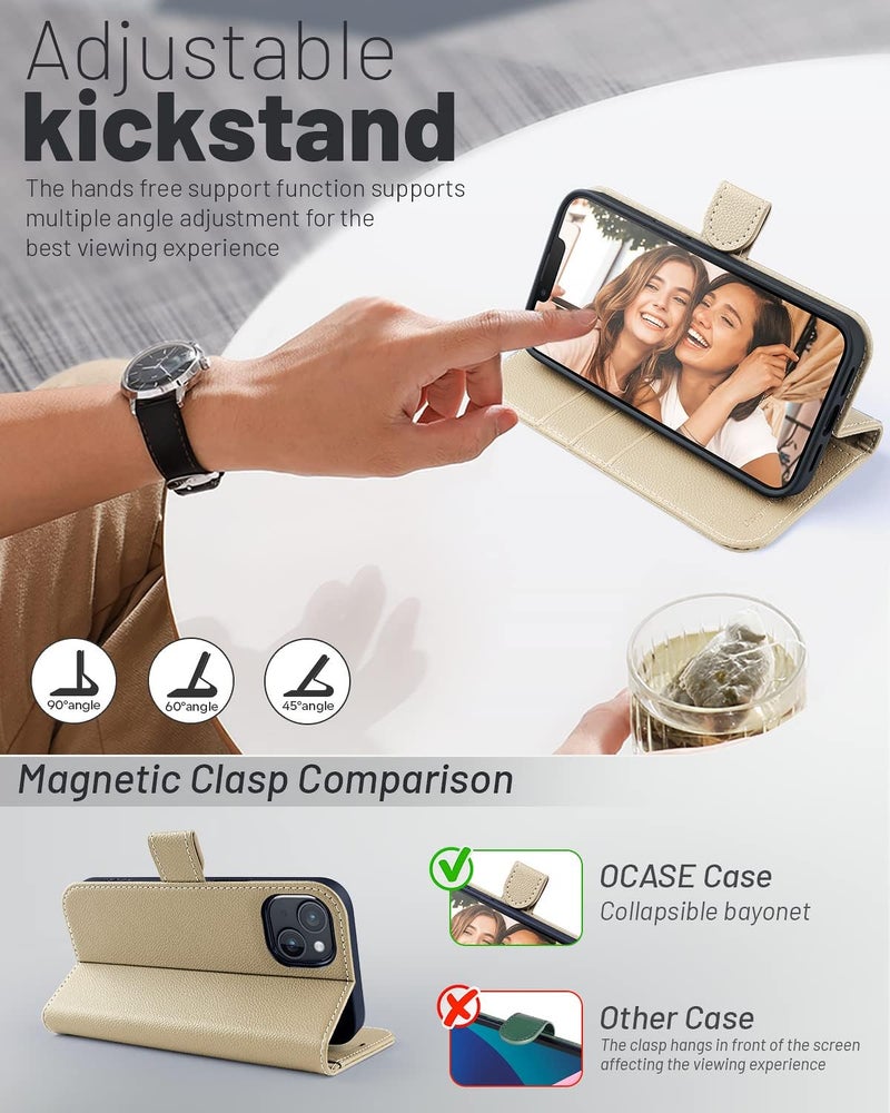 OCASE Compatible with iPhone 13 Wallet Case, PU Leather Flip Folio Case with Card Holders RFID Blocking Kickstand [Shockproof TPU Inner Shell] Phone Cover 6.1 Inch 2021 (Litchi Apricot) - Image 4